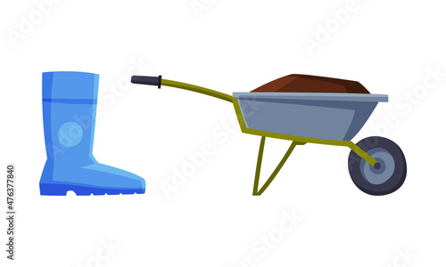 Blue Rubber Boot and Wheelbarrow with Soil as Garden Tools Vector Set