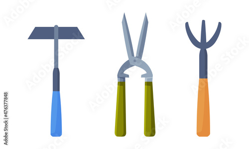 Rake, Pruner and Hammer as Garden Tools Vector Set