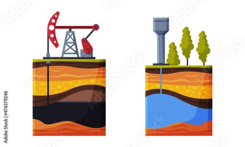 Geology with Water Tower and Pumpjack Extracting Oil Vector Set