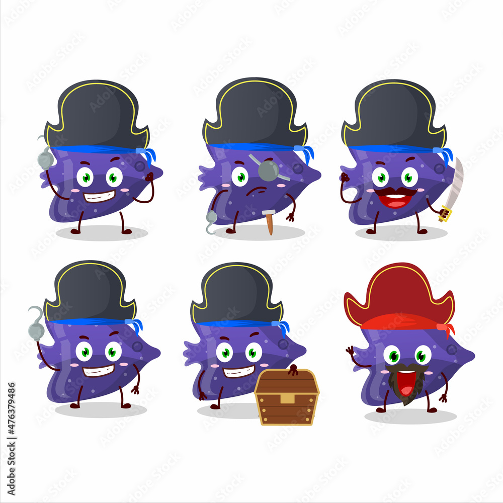 Cartoon character of fish purple gummy candy with various pirates emoticons Cartoon character of fish purple gummy candy with various pirates emoticons