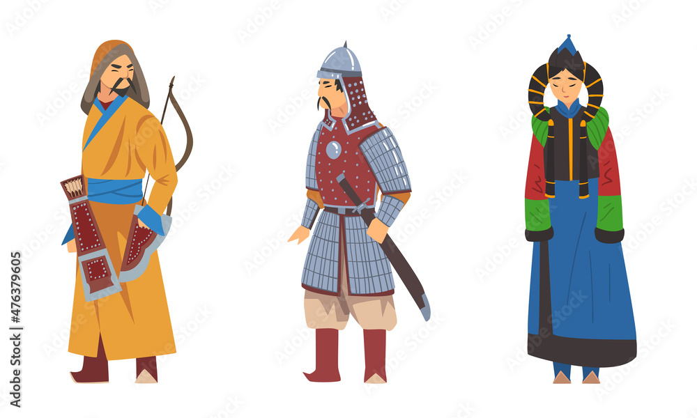 Mongol Man and Woman Wearing Traditional Clothing with Bow and Sword Vector Set