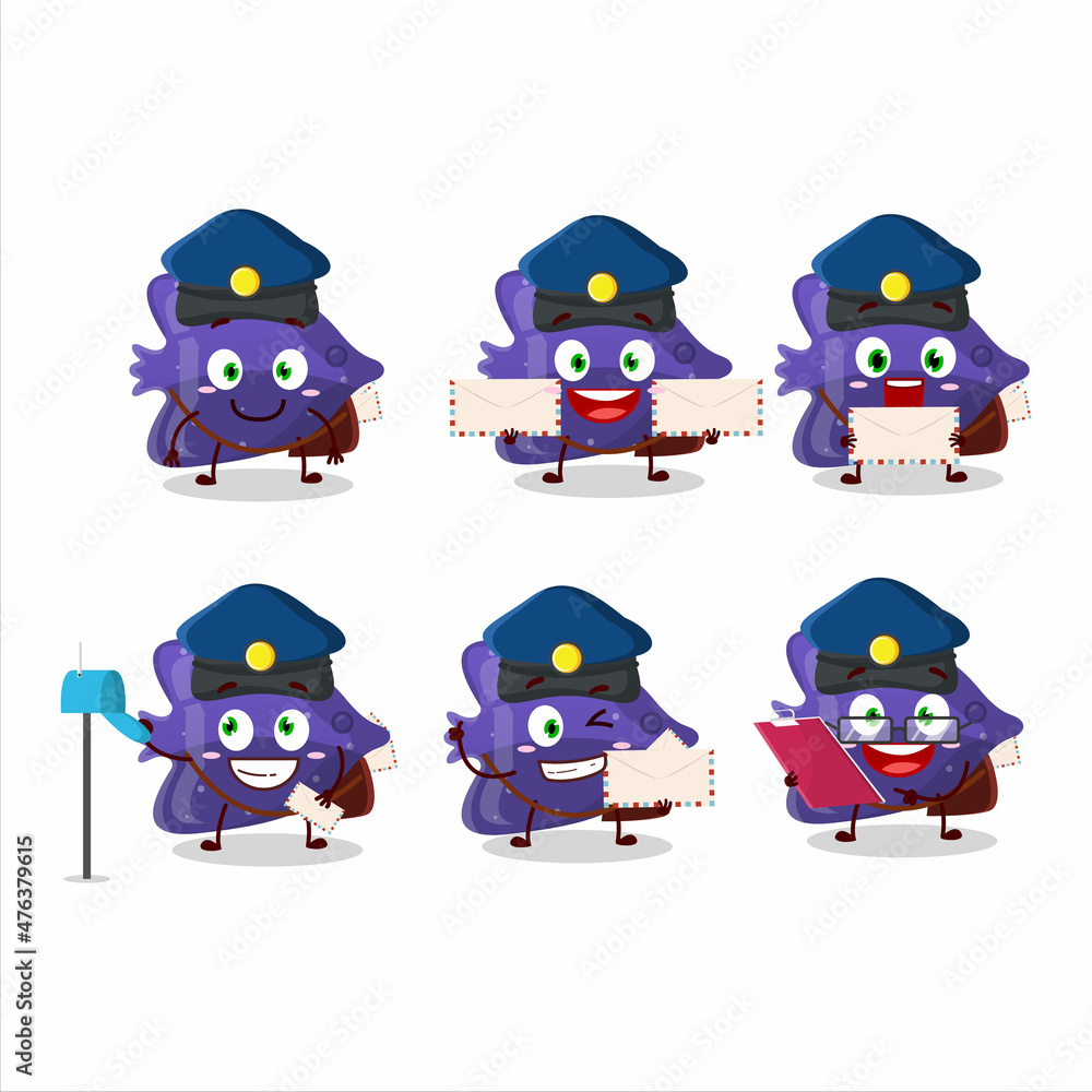 A picture of cheerful fish purple gummy candy postman cartoon design concept A picture of cheerful fish purple gummy candy postman cartoon design concept