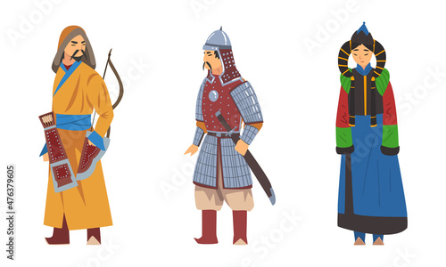 Photography Mongol Man and Woman Wearing Traditional Clothing with Bow and Sword Vector Set