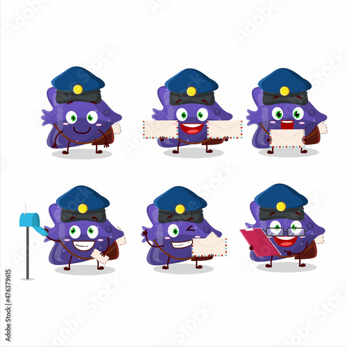 A picture of cheerful fish purple gummy candy postman cartoon design concept