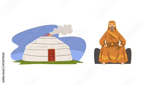 Mongol Sitting Man in Traditional Clothing and Hut Dwelling Vector Set