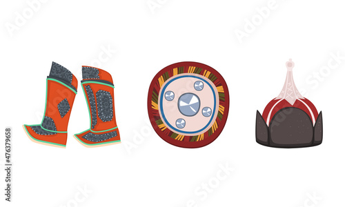 Mongol Traditional Headdress, Boots and Shield Vector Set