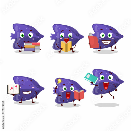 A picture of fish purple gummy candy cartoon character concept reading an amusing book