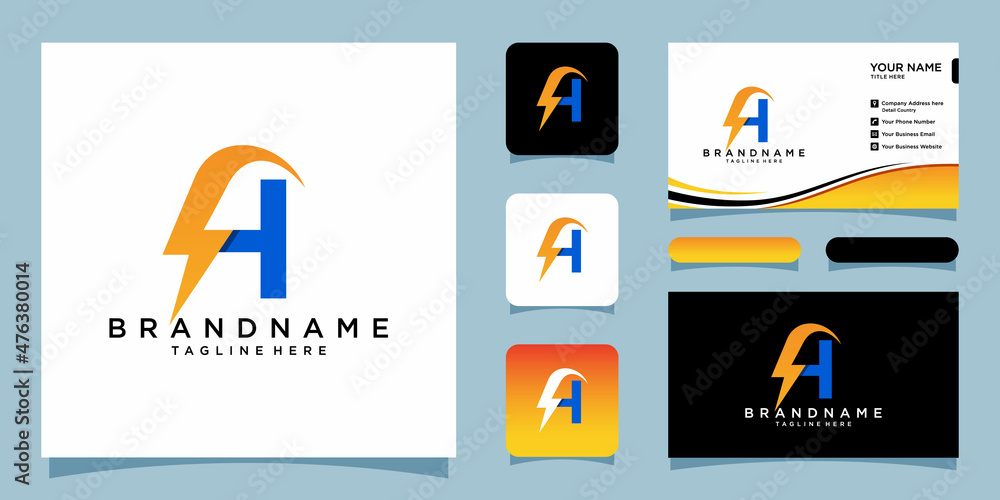 Vector letter H logo with lightning with business card design template ...