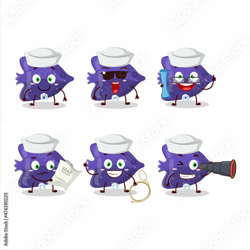 A character image design of fish purple gummy candy as a ship captain with binocular