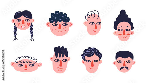 Vector set hand drawn different characters face isolated on white background. Trendy funny cartoon heads. Colorful people avatar