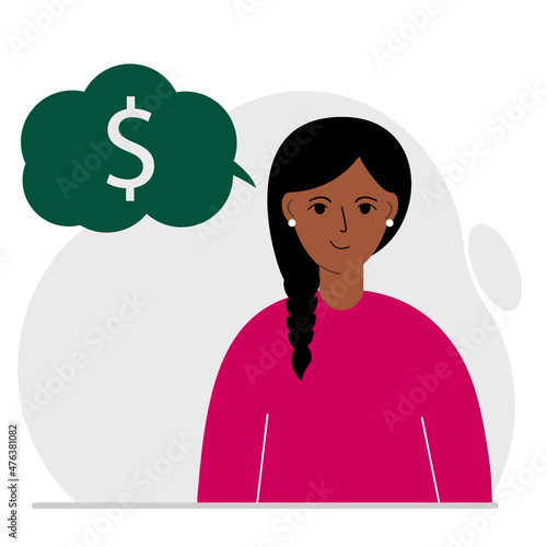 A woman thinks about financial success and income opportunities. A woman thinks about money. Income, profit, financial success.