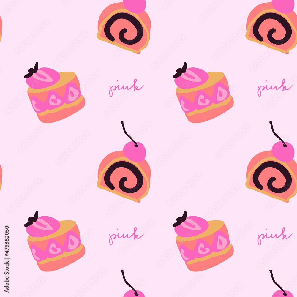 Simple cartoon style cakes vector pattern. Pastel pink colored simple cake wallpaper. Strawberry cupcake, cherry cake roll. Delicious sweet desserts. Hand drawn calligraphy word. Pink background. Simple cartoon style cakes vector pattern. Pastel pink colored simple cake wallpaper. Strawberry cupcake, cherry cake roll. Delicious sweet desserts. Hand drawn calligraphy word. Pink background.