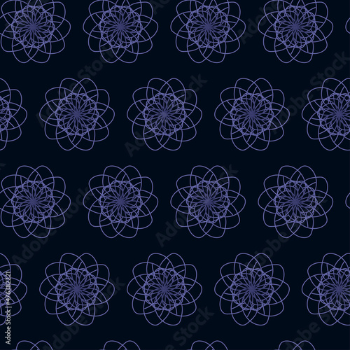 seamless pattern abstraction symmetrical flowers painted with the color of the year 2022 very peri on a dark background