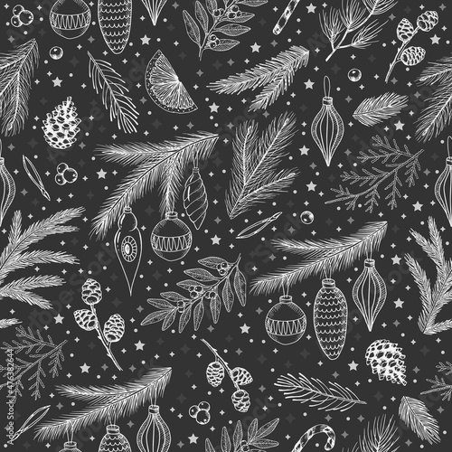 Hand drawn floral winter seamless pattern with christmas tree toys and Snowflakes. Vector illustration background