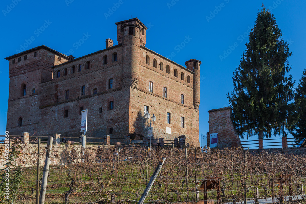 CUNEO, ITALY 07 DECEMBER 2021: Grinzane Cavour Castle. In the Langhe region, Cuneo, Piedmont, Italy.