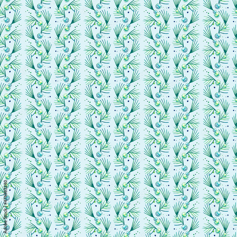 Obraz premium Seamless texture Background watercolor paper green nature grass greenery plants foliage Christmas tree holiday new year christmas spruce Christmas wreath with made of fir branches drawing
