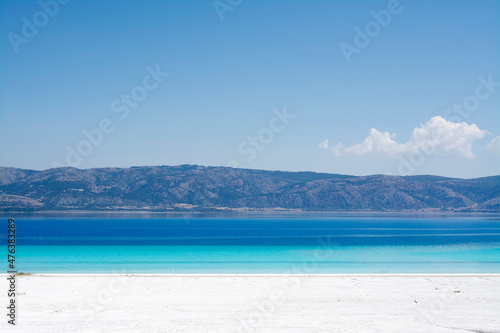 Salda Lake with its special white sand and turquoise blue in Burdur, Turkey.