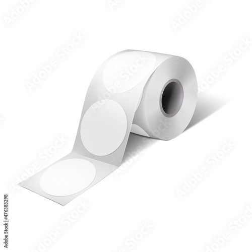 Round label sticker roll vector mock-up. Blank adhesive labels on bobbin mockup