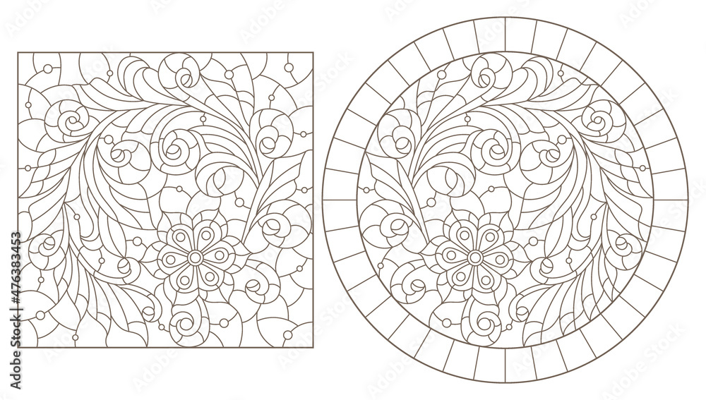 Fototapeta premium A set of contour illustrations in the style of stained glass with abstract berries and flowers, dark contours on a white background