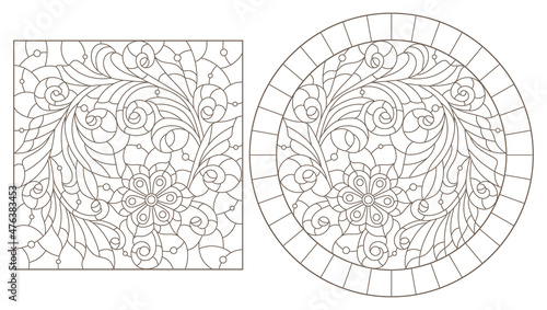 A set of contour illustrations in the style of stained glass with abstract berries and flowers, dark contours on a white background