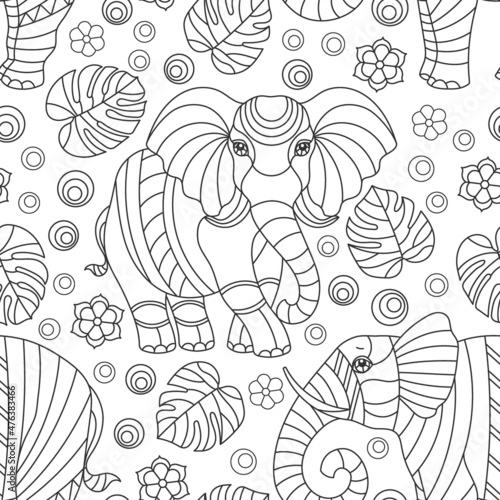 Seamless pattern with elephants, dark contour animals, flowers and leaves on an white background