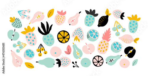 Abstract fruits set in contemporary style. Vector illustration strawberry, cherry, pineapple, apple, pear, orange. Trendy shapes exotic fruits.Botanical mix, collage art. Isolated on white background.