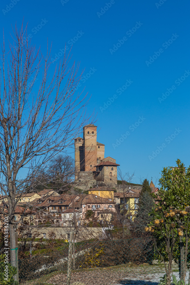 Fototapeta premium CUNEO, ITALY 06 DECEMBER 2021: Castle of Serralunga d'Alba, a village in the Langhe region, Piedmont, Italy