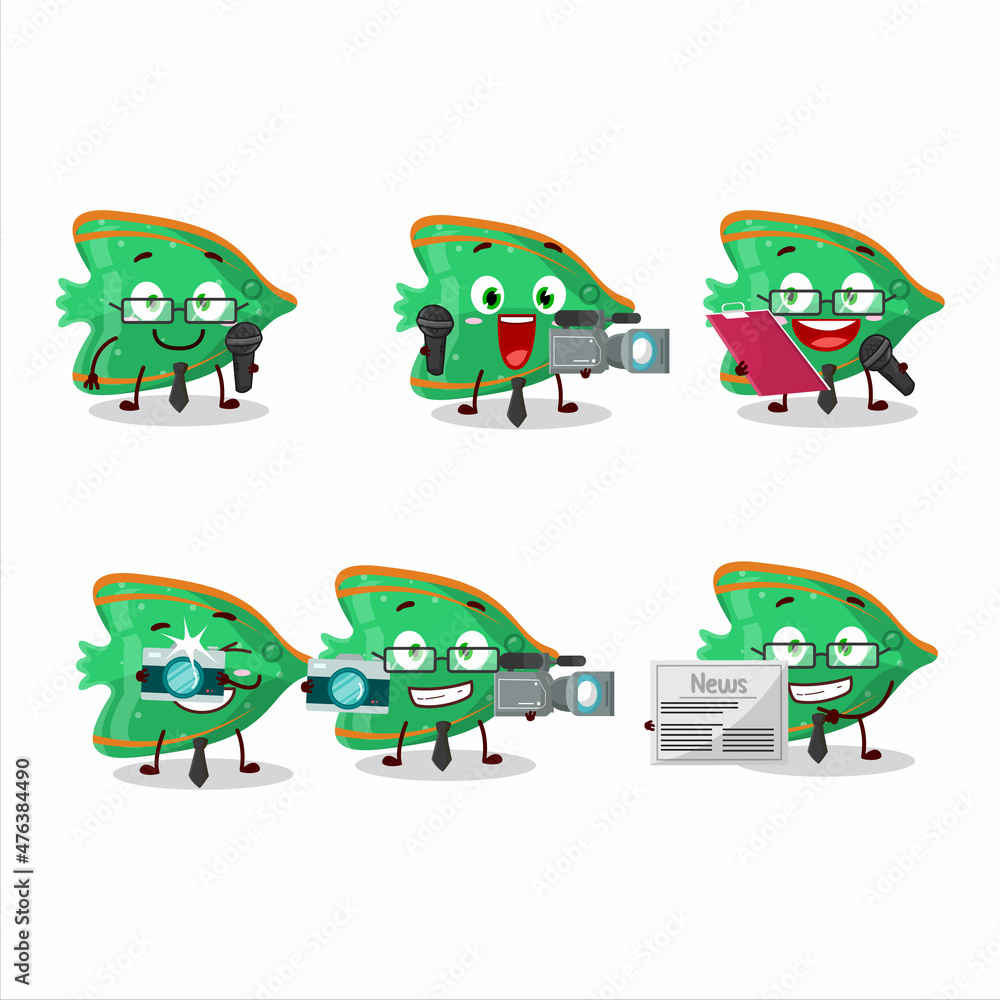 Fototapeta premium Character reporter fish green gummy candy cute mascot with microphone