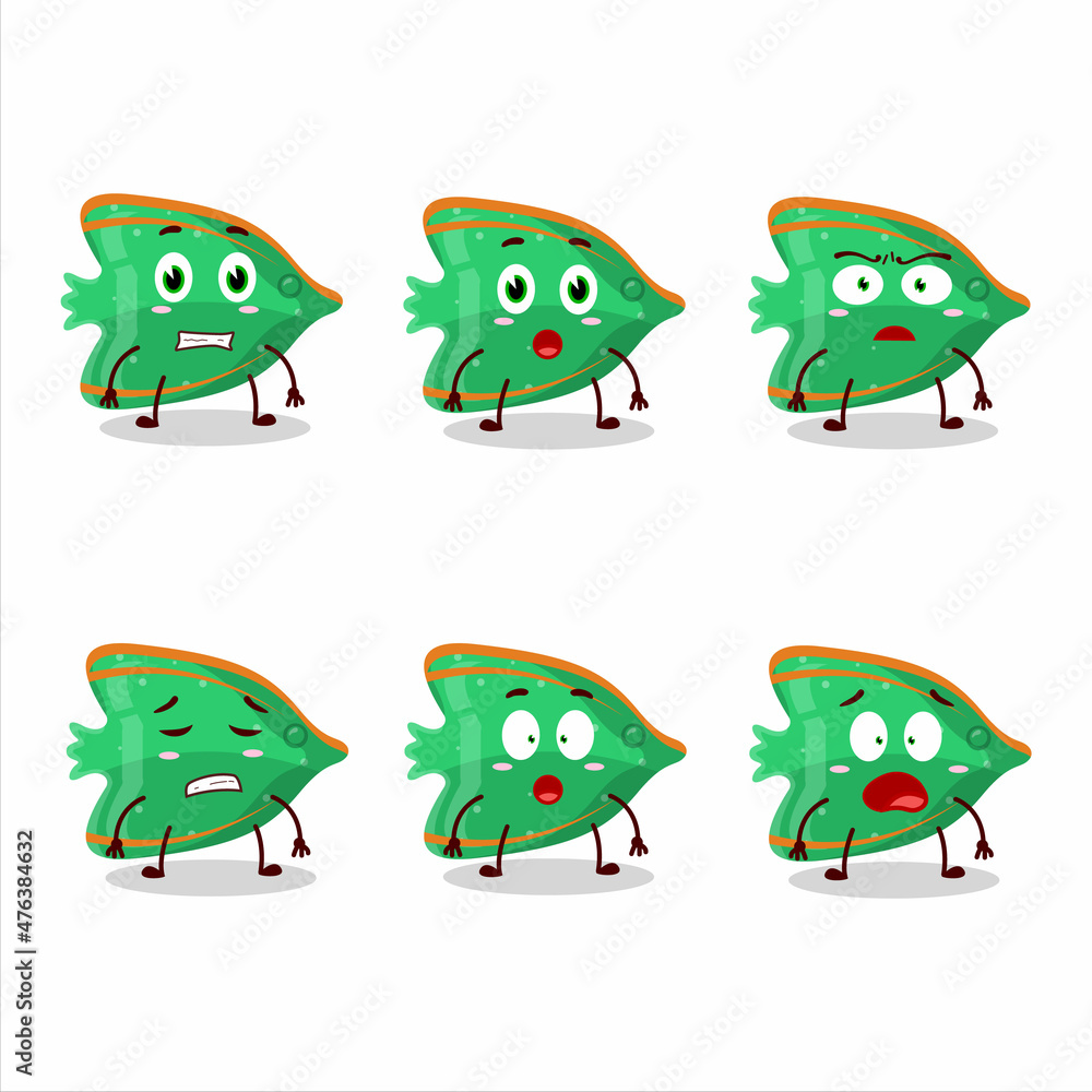 Character cartoon of fish green gummy candy with scared expression Character cartoon of fish green gummy candy with scared expression