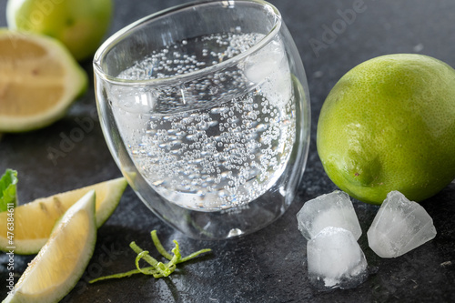 Wasserglas daneben liegen Eiswürfel, Zitronenviertel eine ganze Limette und Zesten photo