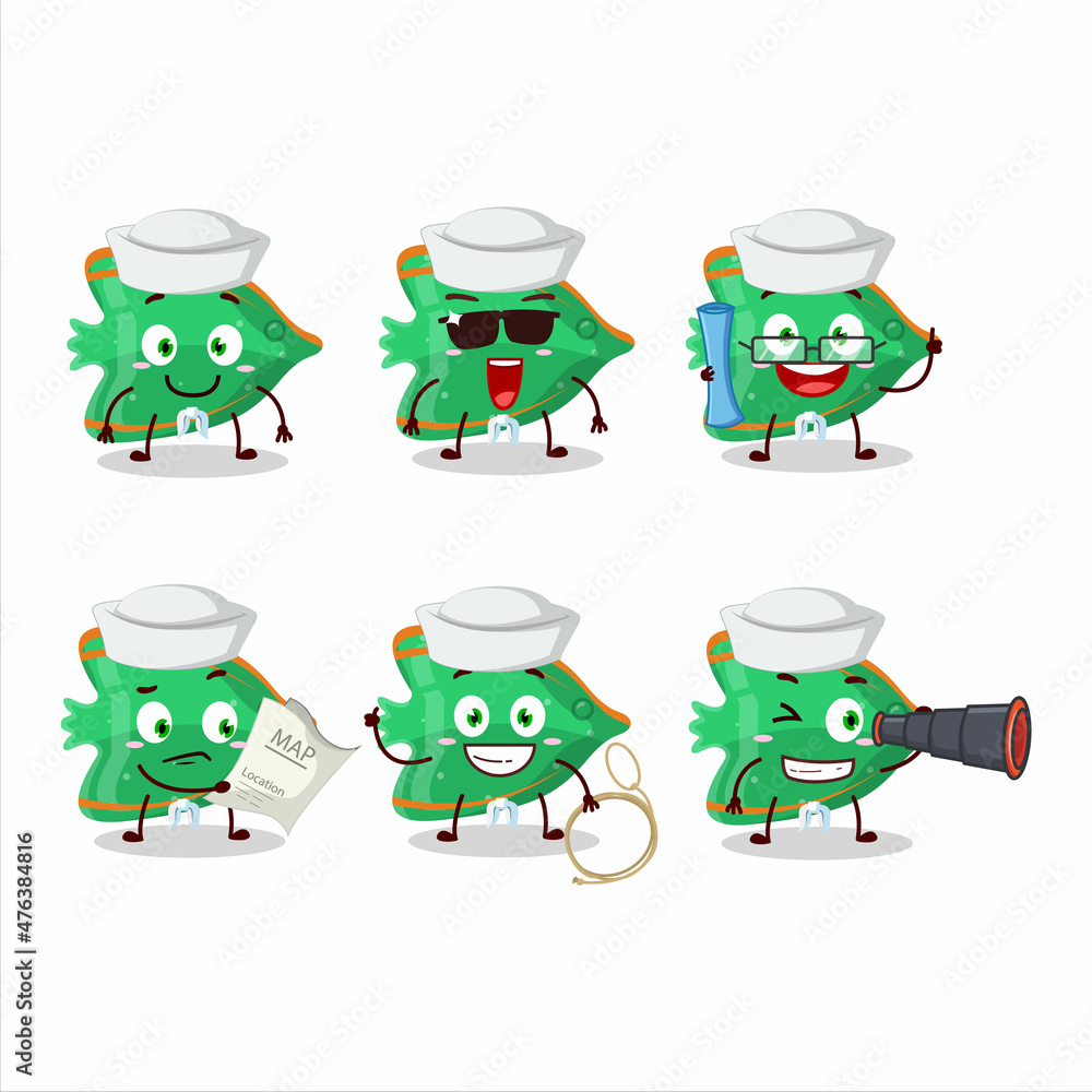 A character image design of fish green gummy candy as a ship captain with binocular A character image design of fish green gummy candy as a ship captain with binocular
