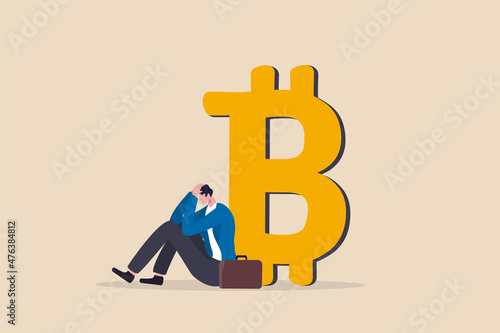 Fear, uncertainty and doubt acronym as FUD in crypto currency trading by spread information concept, confused businessman investor sitting with fear on Bitcoin symbol.