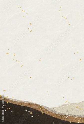 和紙テクスチャ　コラージュ　濃茶、金、灰色の曲線模様と金箔散らし　ハガキ比率　グラフィック素材