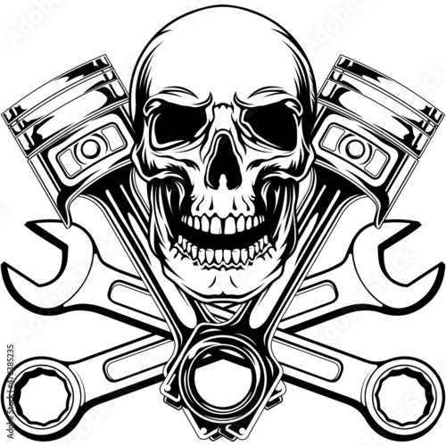 Mechanic logo SVG design with a skull, pistons, and crossed wrenches, Tattoo template photo