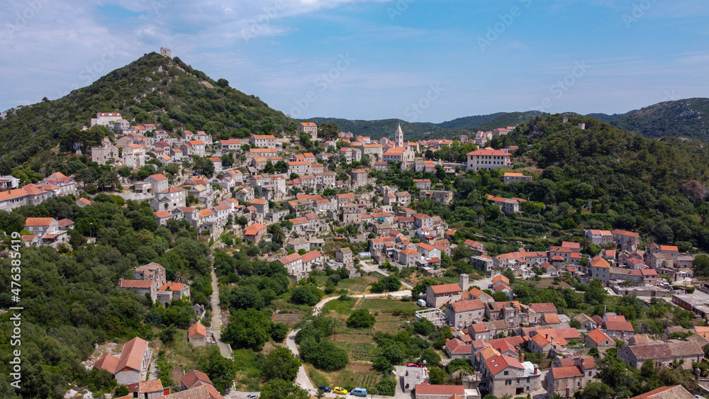 Lastovo otok island village, aerial photography of historic town within a Croatian national park, Croatia