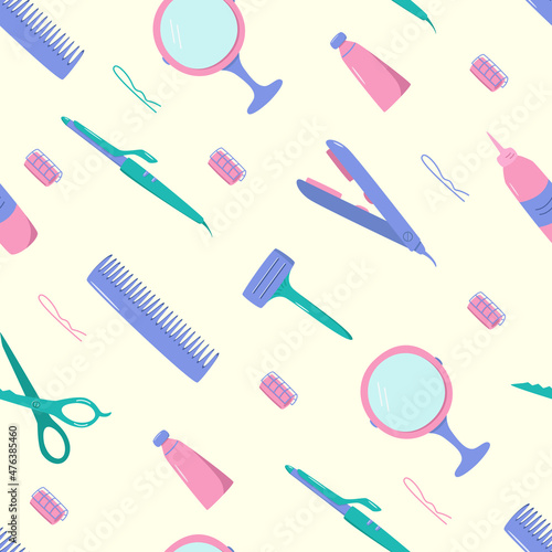 Seamless pattern hairdressing tool kit for beauty salon or home use. Vector illustration of doodle icons for self and hair care. Comb, razor, hair dryer, curling iron and other items.