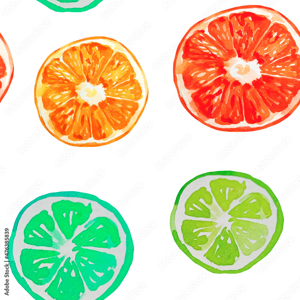 Orange and lime seamless pattern on white isolated background. Watercolor illustration of orange and lime. Citrus pattern. Multicolored citrus packaging. Orange and lime seamless pattern on white isolated background. Watercolor illustration of orange and lime. Citrus pattern. Multicolored citrus packaging.