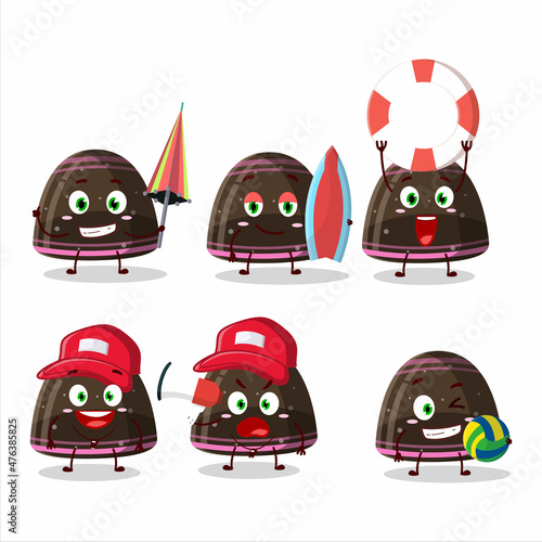 Happy Face chocolate jelly gummy candy cartoon character playing on a beach