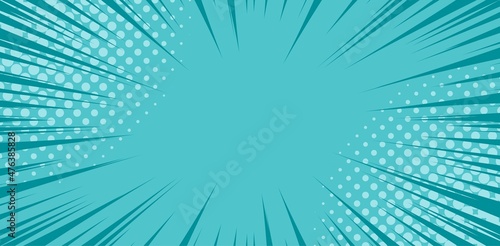 Blue Manga anime action frame lines with halftones. Pop art retro background with exploding rays of lightning comic style, vector illustration. Abstract explosive template with speed lines