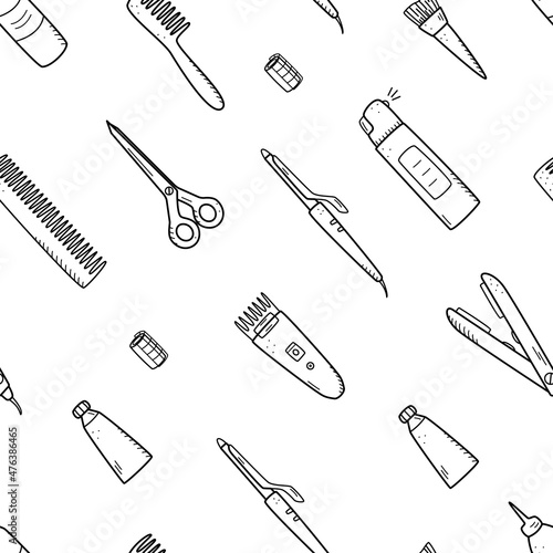 Seamless pattern of hairdressing elements. Vector illustration of doodle icons background, wallpaper. The concept of a hairdressing salon and a beauty salon.