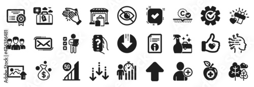 Set of Business icons, such as Clapping hands, Messenger mail, 5g wifi icons. Cleanser spray, Cogwheel, Help app signs. Reject certificate, Artificial intelligence, Tree. Add user, Market. Vector