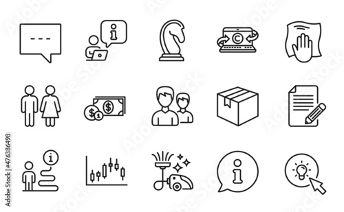 Fototapeta Naklejka Na Ścianę i Meble -  Line icons set. Included icon as Couple, Restroom, Marketing strategy signs. Blog, Washing cloth, Energy symbols. Parcel, Vacuum cleaner, Article. Dollar money, Candlestick graph. Vector