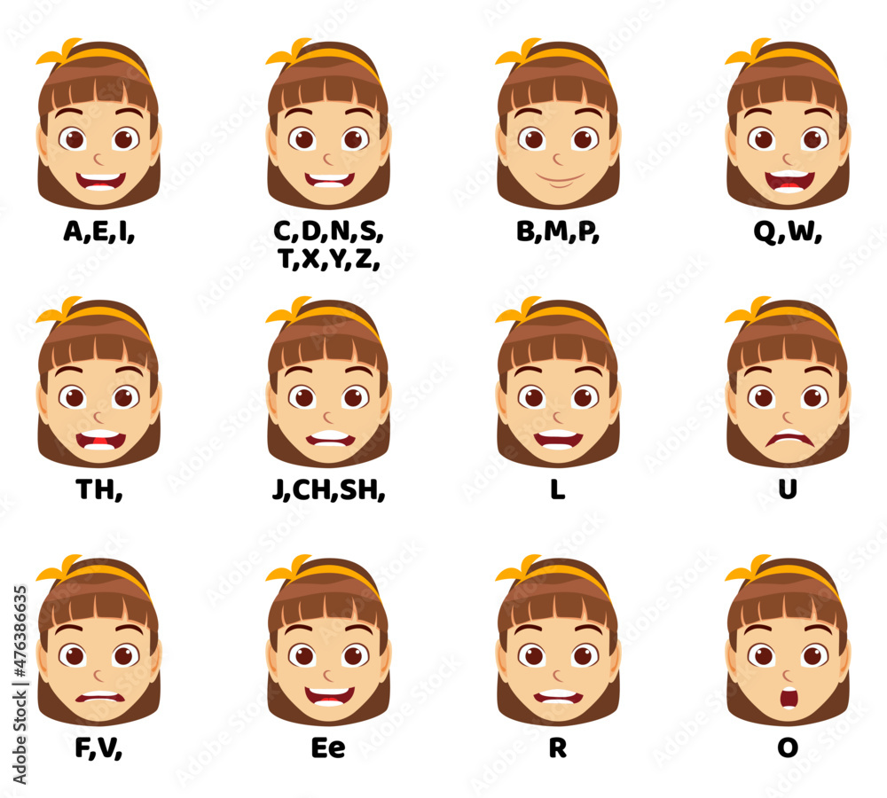 Cartoon kid girl character talking mouth and lips expressions vector animations poses pronunciation speak, tongue Cartoon kid girl character talking mouth and lips expressions vector animations poses pronunciation speak, tongue