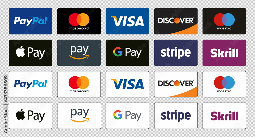 Online Payment Methods Icons Set : Paypal, Mastercard, Visa, Maestro, Apple  Pay, Amazon Pay, Google Pay, Stripe, Discover & Skrill Company Vector Logo  Stock Vector | Adobe Stock