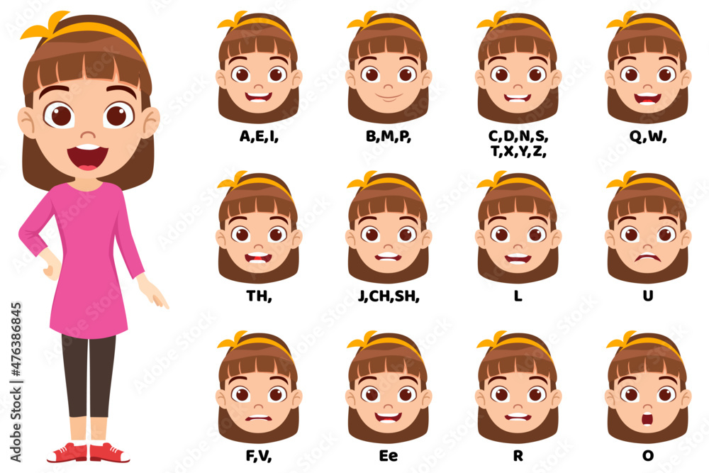 Cartoon kid girl character talking mouth and lips expressions vector animations poses pronunciation speak, tongue and articulate isolated Cartoon kid girl character talking mouth and lips expressions vector animations poses pronunciation speak, tongue and articulate isolated