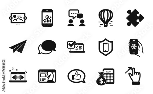Vector set of Feedback, Air balloon and Touchscreen gesture icons simple set. Music making, Messenger and Air conditioning icons. Online survey, People chatting and Strategy signs. Vector
