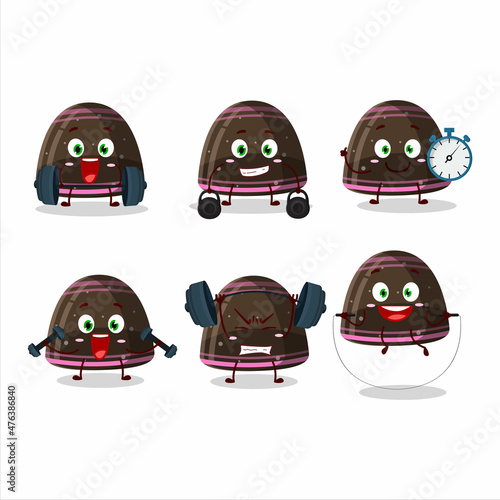 A healthy chocolate jelly gummy candy cartoon style trying some tools on Fitness center