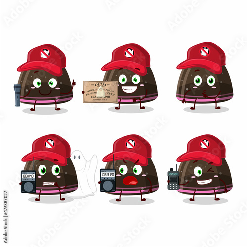 Ghost hunter cartoon chocolate jelly gummy candy character using camera