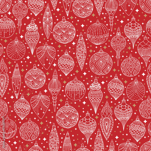 Hand drawn floral winter seamless pattern with christmas tree toys and Snowflakes. Vector illustration background