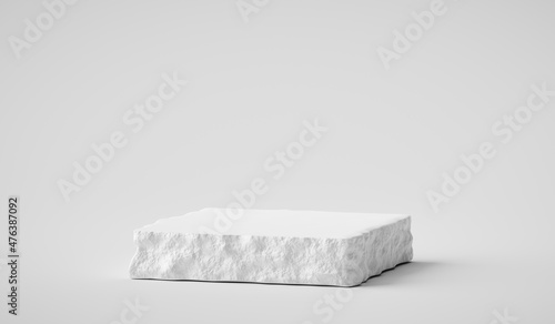 White stone plate cosmetic podium 3d background or abstract empty product display floor platform space and blank rock stage stand on plaster concrete pedestal backdrop with natural marble show scene.